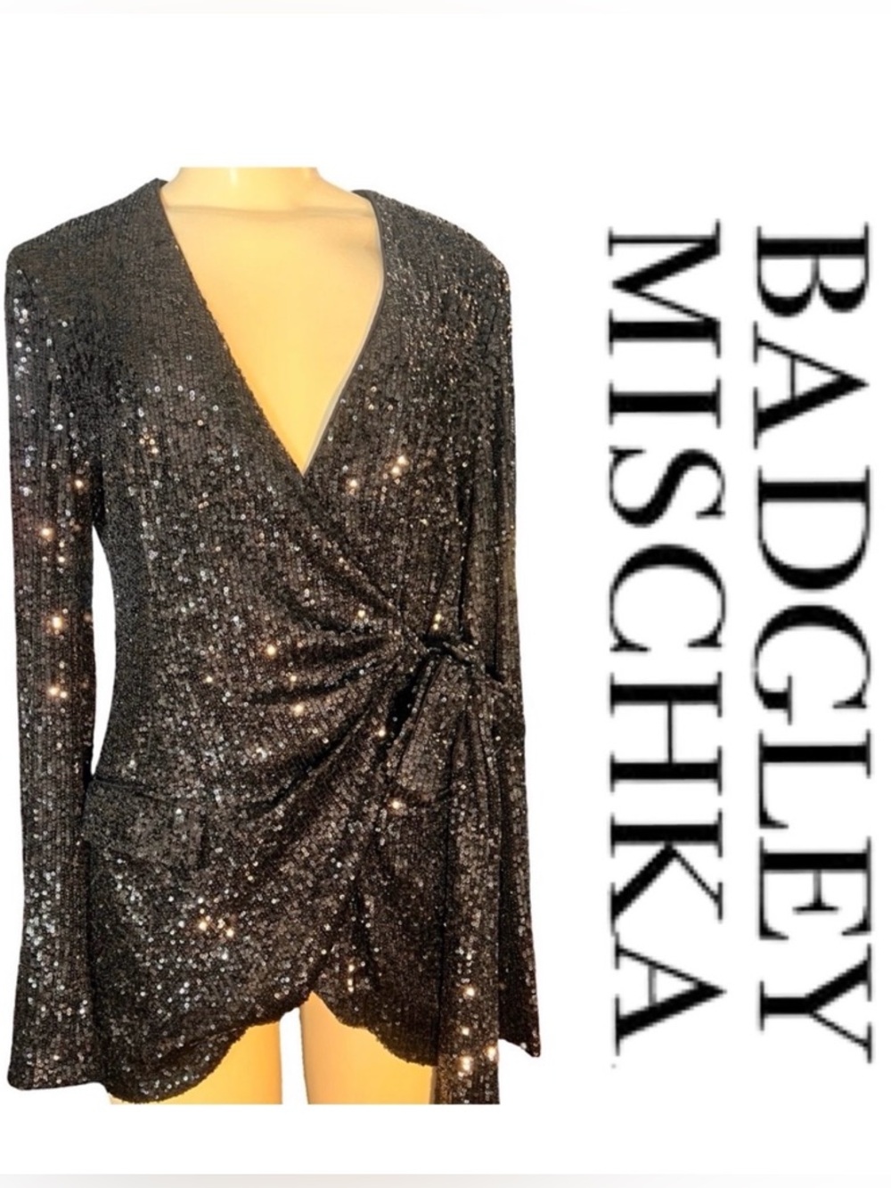 NWT $198 Belle Badgley Mischka Wrap Tie Sequin Jacket — Black — Size 6 —